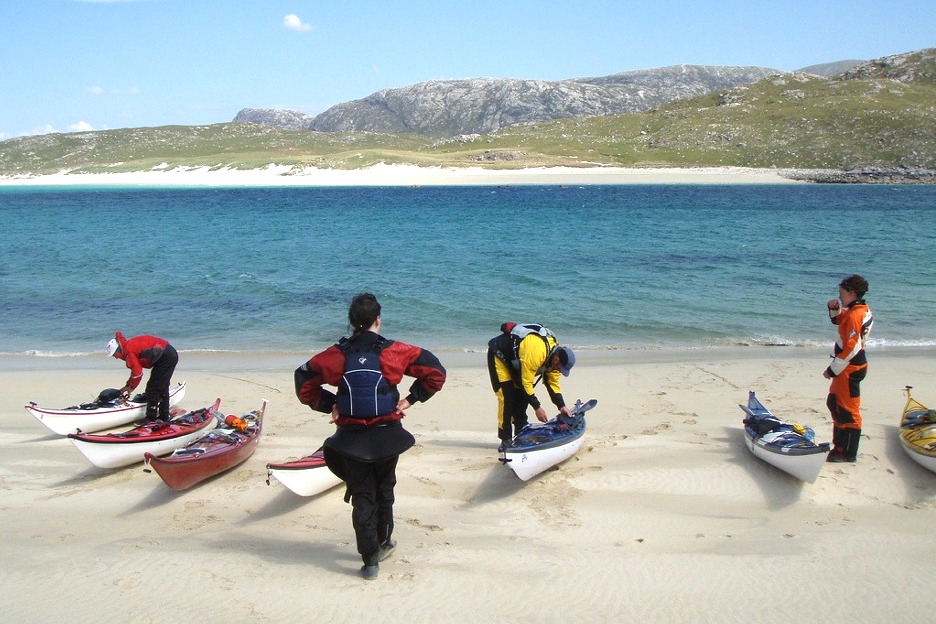 Sea kayakers on Hebrides beach