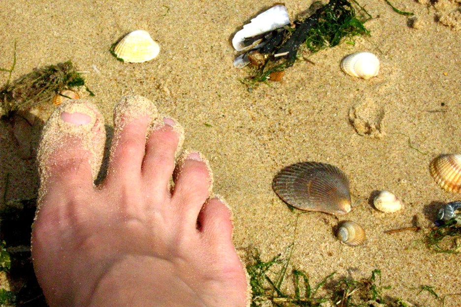 Bare foot on sandy beach